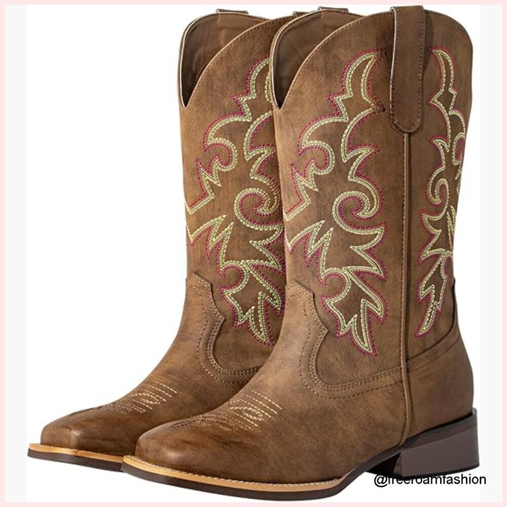 Extra Wide Calf Cowboy Boots Square Toe Pull-On Western Boots Mid-Calf